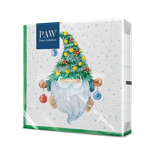 PAW - Servietten 3-lagig (33 x 33 cm) I 20 Stück I Perfekt für Weihnachten, Winter, Feiertage I Heiligabend Winterzeit Tischdekoration I Winter Papierservietten - Ausgefallener Gnom I Fancy Gnome von PAW