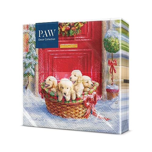 PAW - Servietten 3-lagig (33 x 33 cm) I 20 Stück I Perfekt für Weihnachten, Winter, Feiertage I Heiligabend Winterzeit Tischdekoration I Winter Papierservietten - Weihnachtswelpen I Christmas Puppies von PAW