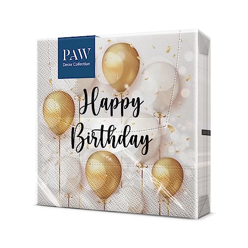 PAW - Servietten Geburtstag (33 x 33 cm) I 20 Stück I Perfekt für Partys, Geburtstage, Feiern I Papierservietten mit Ballonmotiv - Gold, Weiß I Tischdekoration I Farbe: Birthday Gold Celebration von PAW