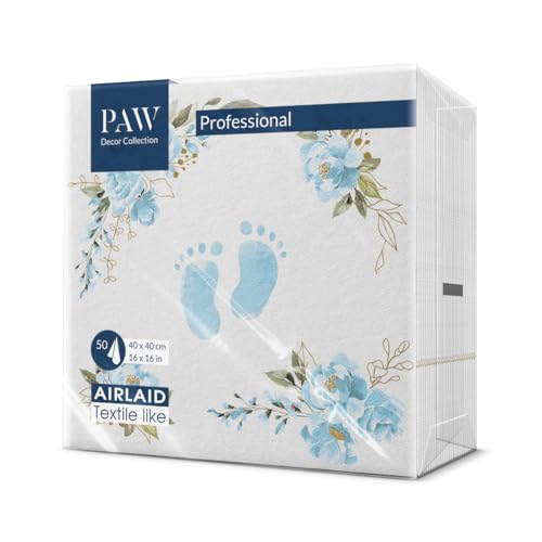 PAW - Servietten aus Airlaid - Stoffähnlich (40 x 40 cm) I 50 Stück I Ideal für Geburtstag, Taufe, Kommunion, Babyparty I Hochwertige Tischdeko Stoffservietten - Blaue Füße I Baby Feet light pink von PAW Decor Collection