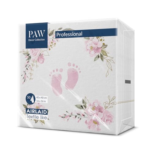 PAW - Servietten aus Airlaid - Stoffähnlich (40 x 40 cm) I 50 Stück I Ideal für Geburtstag, Taufe, Kommunion, Babyparty I Hochwertige Tischdeko Stoffservietten - Pinke Füße I Baby Feet light pink von PAW