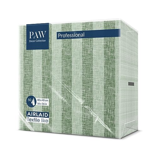 PAW - Servietten aus Airlaid - Stoffähnlich (40 x 40 cm) I 50 Stück I Ideal für Hochzeit, Taufe, Kommunion, Geburtstag I Stoffservietten - Natur, Grün, Streifen I Farbe: Linen Stripes green von PAW Decor Collection