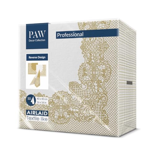 PAW - Servietten aus Airlaid - Stoffähnlich (40 x 40 cm) I 50 Stück I Ideal für Hochzeit, Taufe, Kommunion, Geburtstag I Tischdeko Rückseite-Muster - Weiß-Gold I Reverse Royal Lace gold-white von PAW Decor Collection