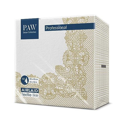 PAW - Servietten aus Airlaid - Stoffähnlich (40 x 40 cm) I 50 Stück I Ideal für Hochzeit, Taufe, Kommunion, Geburtstag I Stoffservietten - Ornament, Gold, Rahmen I Farbe: Royal Lace (gold) von PAW