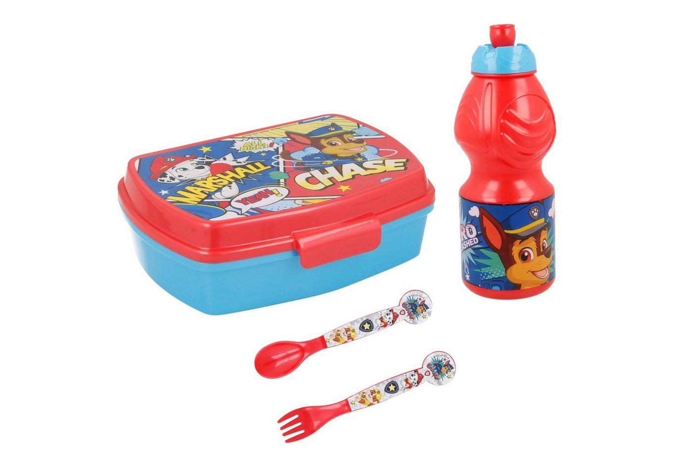 PAW PATROL Lunchbox Chase Marshall 4 teiliges Set - Brotdose Trinkflasche und Besteck, (4-tlg) von PAW PATROL