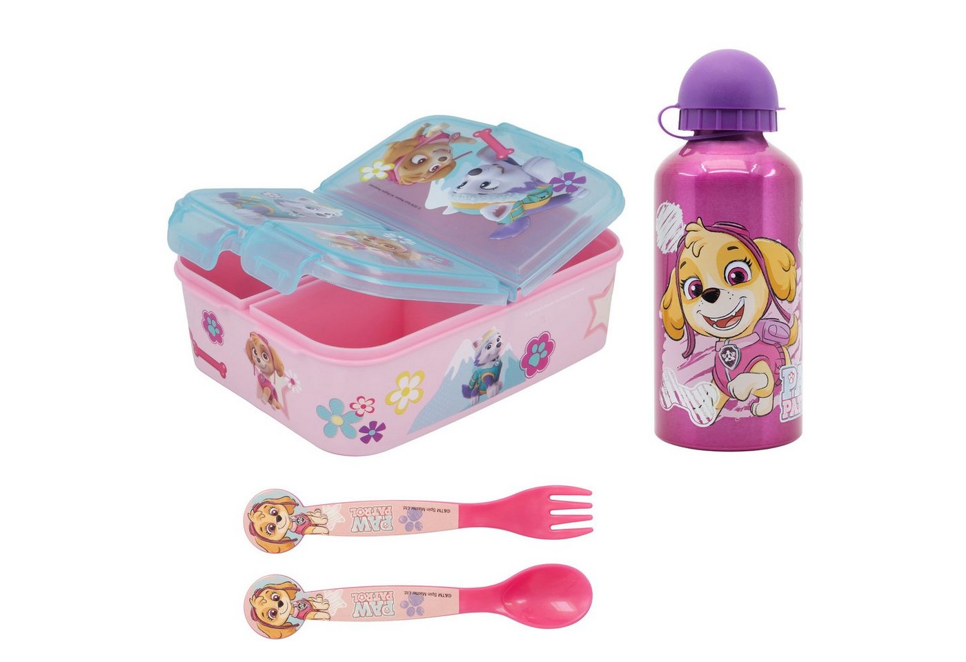 PAW PATROL Lunchbox Paw Patrol Skye Everest 4 teiliges Kinder Set, (4-tlg), Brotdose Alu-Trinkflasche Besteck von PAW PATROL