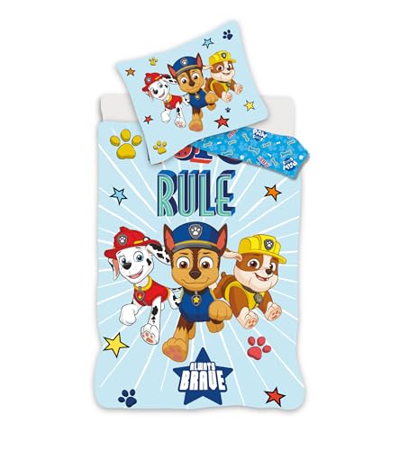 Paw Patrol Bettwäsche für kleines Bett, wendbarer Bettbezug 100 x 135 cm + Kissenbezug 40 x 60 cm, 100 % Baumwolle, mit Marcus, Ruben und Chase (blau) von PAW PATROL