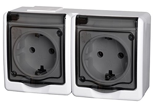 PAWBOL 2-Fach Aufputzsteckdose IP44 16A/250V Schuko Aufputz Feuchtraum Steckdose WE/DY von PAWBOL