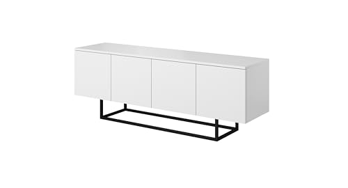 PAWS MEBLE Asgard RTV 150 4D Weiß Stehend – TV-Lowboard 150 cm – Modernes Loft-Design – Push-to-Open – Metallfüße – 4 Türen mit Regalen von PAWS MEBLE