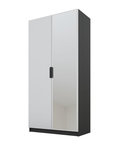 PAWS MEBLE Cynthia 100 – Moderner Kleiderschrank 2türig 100 cm – Holzoptik – Kleiderstange + Regale + 1 Spiegel von PAWS MEBLE