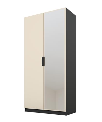 PAWS MEBLE Cynthia 100 – Moderner Kleiderschrank 2türig 100 cm – Holzoptik – Kleiderstange + Regale + 1 Spiegel von PAWS MEBLE