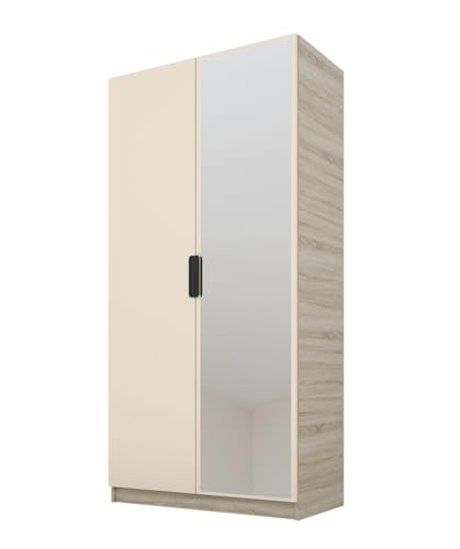 PAWS MEBLE Cynthia 100 – Moderner Kleiderschrank 2türig 100 cm – Holzoptik – Kleiderstange + Regale + 1 Spiegel von PAWS MEBLE