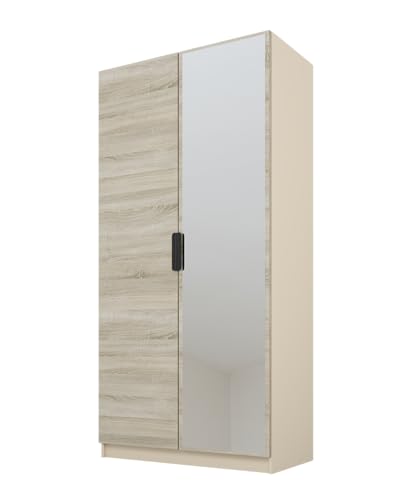 PAWS MEBLE Cynthia 100 – Moderner Kleiderschrank 2türig 100 cm – Holzoptik – Kleiderstange + Regale + 1 Spiegel von PAWS MEBLE