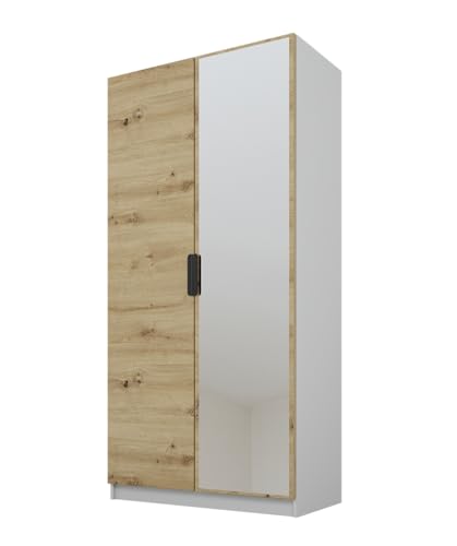 PAWS MEBLE Cynthia 100 – Moderner Kleiderschrank 2türig 100 cm – Holzoptik – Kleiderstange + Regale + 1 Spiegel von PAWS MEBLE