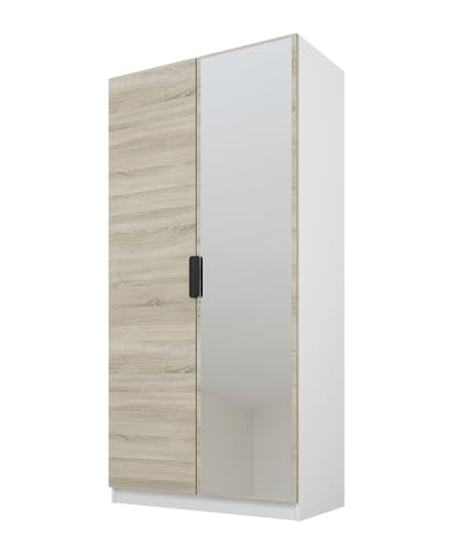 PAWS MEBLE Cynthia 100 – Moderner Kleiderschrank 2türig 100 cm – Holzoptik – Kleiderstange + Regale + 1 Spiegel von PAWS MEBLE