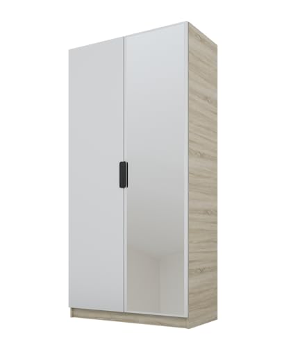 PAWS MEBLE Cynthia 100 – Moderner Kleiderschrank 2türig 100 cm – Holzoptik – Kleiderstange + Regale + 1 Spiegel von PAWS MEBLE