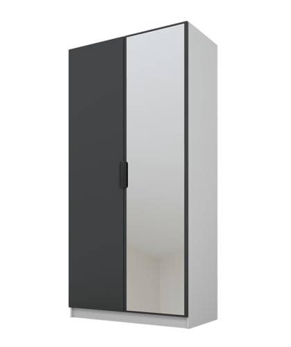 PAWS MEBLE Cynthia 100 – Moderner Kleiderschrank 2türig 100 cm – Holzoptik – Kleiderstange + Regale + 1 Spiegel von PAWS MEBLE