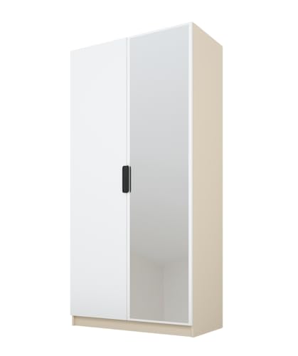 PAWS MEBLE Cynthia 100 – Moderner Kleiderschrank 2türig 100 cm – Holzoptik – Kleiderstange + Regale + 1 Spiegel von PAWS MEBLE