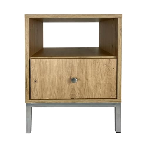 PAWS MEBLE Reve Nachttisch 40x40x43 cm – Sonoma – Silberne Metallbeine – Design Nachtkommode mit Schublade – Beistelltisch modern für Schlafzimmer und Wohnzimmer von PAWS MEBLE