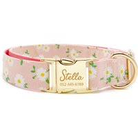 Personalisiertes Rosa Blumen Hundehalsband Individuell Eingravierte Name, Metallschnalle, Handgemacht von PAWSWIN