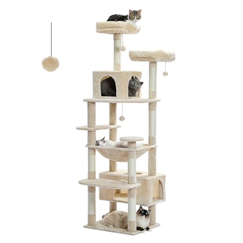 PAWZ Road Großer Katzenbaum, 184 cm Katzenturm für große Katzen, Katzenhaus mit Sisalüberzogenen Kratzbäumen und Pads, 2 gepolsterte Sitzstangen, Doppelkabinen und Korb für Indoor-Katzen, Beige von PAWZ Road