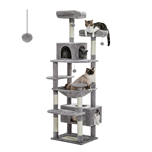 PAWZ Road Großer Kratzbaum, 184 cm großer Katzenturm für große Katzen, Katzenhaus mit Sisal-bezogenen Kratzbäumen und Polstern, 2 gepolsterten Sitzstangen, Doppelhaus und Korb für Hauskatzen – grau von PAWZ Road