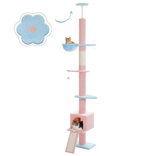 PAWZ Road Blume Kratzbaum deckenhoch, Blumen-Katzenbaum vom Boden bis zur Decke verstellbar höhenverstellbar 216-273cm, Katzenturm mit Hängematte und Katzenhöhle, Anti-Sturzgurt Blau von PAWZ Road