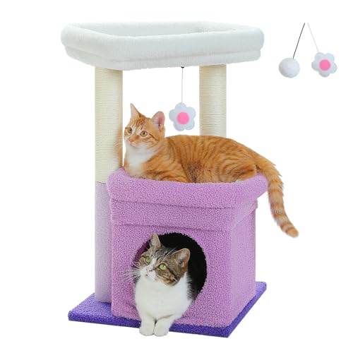 PAWZ Road Kleiner Katzenbaum, mehrstöckiger Katzenturm mit Sisal-überzogenem Kratzbaum, gemütlicher Katzenwohnung und großer Katzensitzstange für Hauskatzen, Lila von PAWZ Road