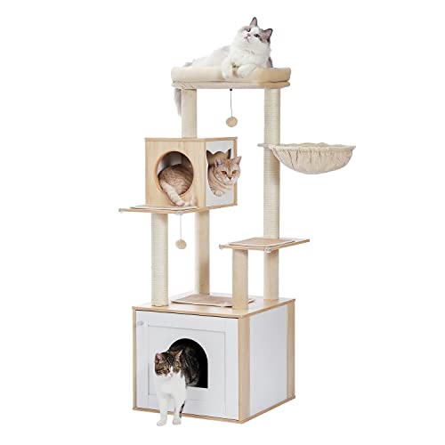 PAWZ Road Moderner Katzenbaum Holz Katzenturm mit Aufbewahrungsschrank Katzentoilette Gehege und geräumiger Katzenhütte Große obere Sitzstange und Hängematte Beige von PAWZ Road