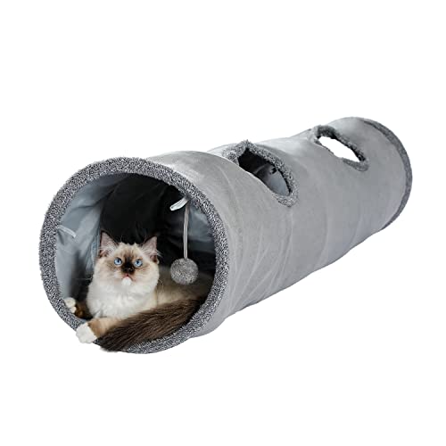PAWZ Road Schön Faltbar Katzentunnel Katzenspielzeug mit Ball, Rascheltunnel, Spieltunnel für Katzen, 130cm x 30cm, Kaninchen Spielzeug, Grau Tunnel für Wohnungskatzen von PAWZ Road