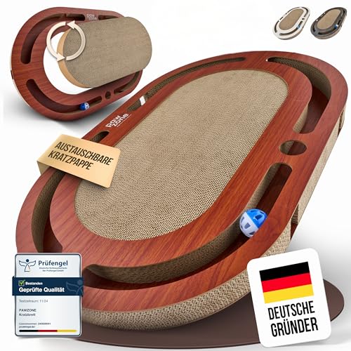 PAWZONE Kratzbrett - beidseitig nutzbar + Pappe austauschbar - inkl. Katzenspielzeug - hochwertige XXL Kratzpappe in stabilem MDF - Kratzmatte - Katzenzubehör - Kratzmöbel Katze - Cat Scratcher von PAWZONE