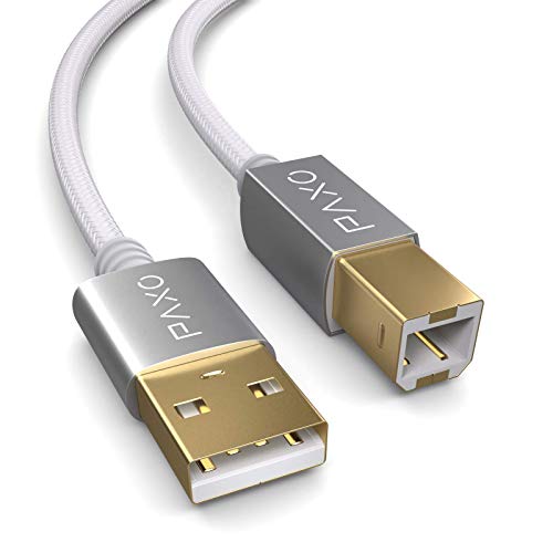 PAXO 2m Nylon USB Druckerkabel, weiß, USB A Stecker auf USB B, Ladekabel, Datenkabel, Goldstecker von PAXO
