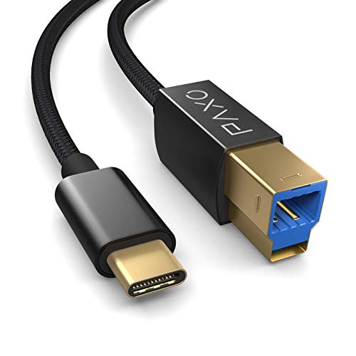 PAXO 1m USB C Druckerkabel, USB 3.2 Gen2 mit 10 Gbit/s (1,25 GByte/s) Übertragungsrate, USB C Stecker auf USB B, Ladekabel, Datenkabel, schwarz von PAXO