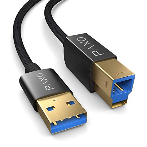 PAXO 2m Nylon USB 3.1 (USB 3.0) Druckerkabel, schwarz, USB A Stecker auf USB B, Ladekabel, Datenkabel, Goldstecker von PAXO