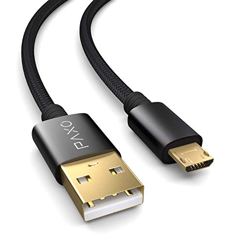 PAXO 5m Nylon Micro USB Kabel schwarz, USB auf Mikro USB Ladekabel, Goldanschlüsse, elegante Alluminiumstecker, Stoffmantel & Klettband von PAXO