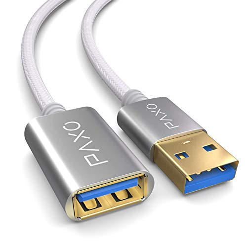 PAXO USB Verlängerung 5m, 10 Gbit/s (1,25 GByte/s), USB 3.2 Gen2 (3.0, 3.1), USB Verlängerungskabel, A-Stecker auf A-Buchse, weiß, Stoffmantel von PAXO