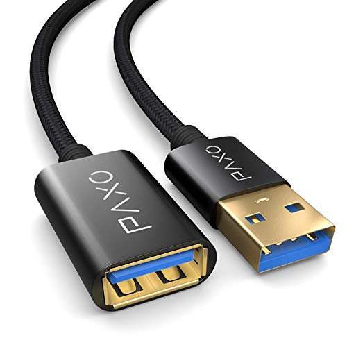 PAXO USB Verlängerung 2m, 10 Gbit/s (1,25 GByte/s), USB 3.2 Gen2 (3.0, 3.1), USB Verlängerungskabel, A-Stecker auf A-Buchse, schwarz, Stoffmantel von PAXO