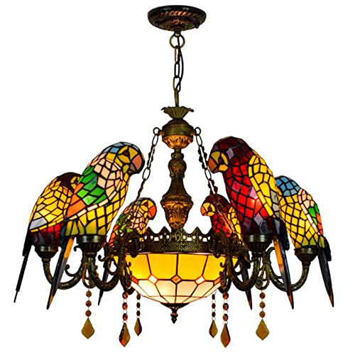 PAZWAHF 6+1-Licht-Kronleuchter, Rot-Gelb-Papagei, handgefertigter Buntglas-Lampenschirm, Pendelleuchte, Tiffany-Stil-Buntglas-Hängeleuchte, breit 30 Zoll von PAZWAHF