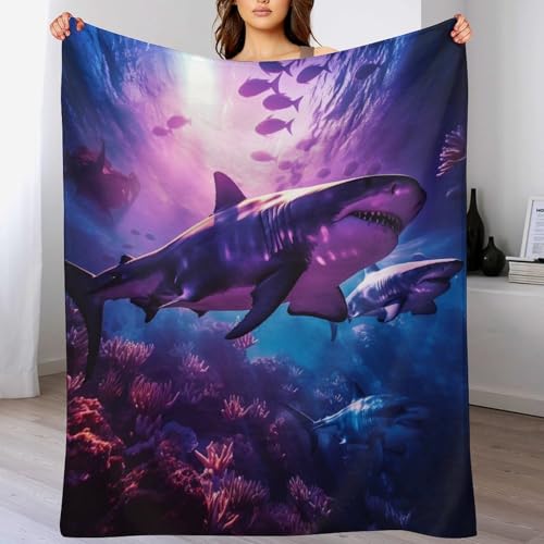 PAZZK Hai-Überwurfdecke Für Bett, Sofa, Couch, Flannel-Druck Decke, 3D- -Muster, Fleece-Decke, Raumdekoration, Plüschdecke,（140×180cm） von PAZZK
