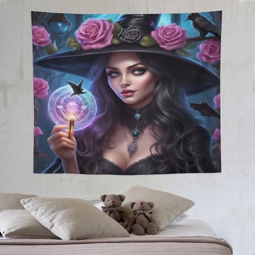 PAZZK Halloween-Hexe Wandteppich Wandtuch Drucken Wandbehang Tapestry Aesthetic Ultraweiche Psychedelic Dekorativer Tapisserie Für Schlafzimmer 130×150cm von PAZZK
