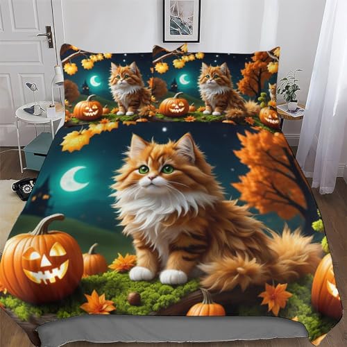 PAZZK Halloween-Katze Bettwäsche Premium Atmungsaktive Angenehme Bettbezüge, Mit Reißverschluss Bettdeckenbezug, 2teilig Bettbezug + Kissenbezug Single (135x200cm) von PAZZK