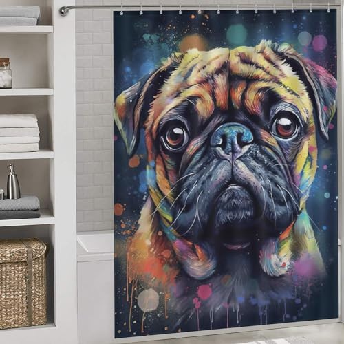 PAZZK Mops Duschvorhang Aus Stoff Waschbar Badevorhang Mit Ösen Shower Curtains Vintage Textil Badezimmer Badewanne Vorhang 66x72Inch（168x183cm） von PAZZK