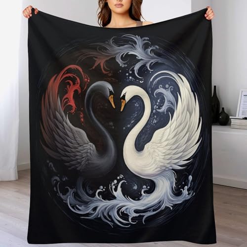 PAZZK Schwan Decke,Vier Jahreszeiten Weich Wohndecke Decke Schlafdecke Sofadecke Plüschdecke Pelzdecke Printdesign Couchdecke Flannel Bett Decke（150×200cm） von PAZZK