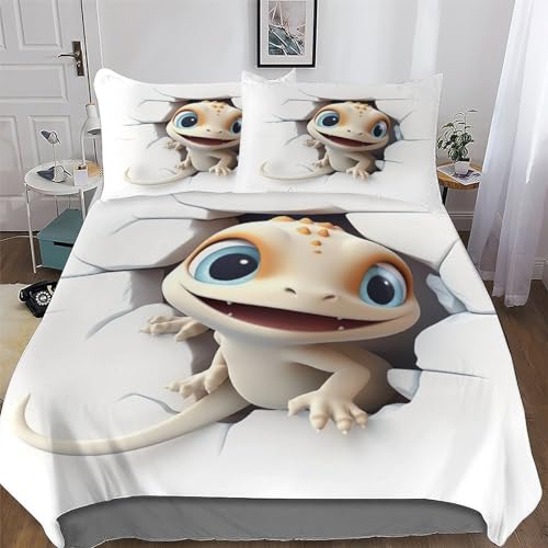 süßer Gecko Muster Bettwäsche Bettbezug Und Kissenbezug, 3D Digital Print, Mikrofaser Bettbezüge Deckenbezug Set 2teilig Für Erwachsene Teenager Kinder Single (135x200cm) von PAZZK