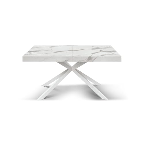 PAZZO DESIGN Ausziehbarer Familientisch, gekreuzte Beine, Made in Italy (Marmo Statuario matt mit weißen Beinen, 160 x 90 x 74) von PAZZO DESIGN