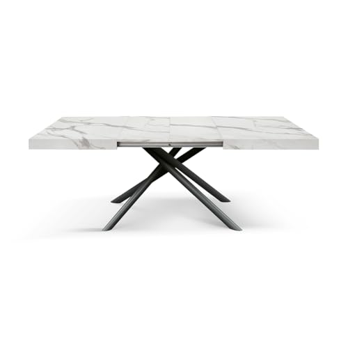 PAZZO DESIGN Ausziehbarer Tisch Jessica, röhrenförmige Beine gekreuzt, Menego schwarz, Tischplatte in Marmoroptik, matt, Made in Italy, 140 x 90 x 74 cm von PAZZO DESIGN