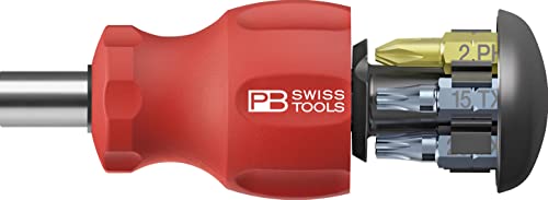 PB Swiss Tools Bithalter Schraubendreher PB 8453 | 100% Swiss Made | Stubby Schraubendreher mit Schiebemagazin, 6 PrecisionBits C6 Schlitz/Kreuz/Torx und magnetischer Bitaufnahme von PB Swiss Tools