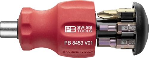 PB Swiss Tools Bithalter Schraubendreher PB 8453.V01 | 100% Swiss Made | Stubby Schraubendreher mit Schiebemagazin, 6 Bits C6 Schlitz/Kreuz/Innensechskant und magnetischer Bitaufnahme von PB Swiss Tools