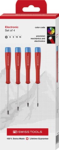 PB Swiss Tools Torx Elektronik Schraubendreher Set PB 8627 | 100% Swiss Made | 4-teiliges Feinmechaniker Schraubenzieher Set für Torx-Schrauben T8 T9 T10 T15 mit Bohrung an der Spitze von PB Swiss Tools
