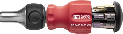 PB Swiss Tools Ratschenschraubendreher PB 8453.R-30 V01 | 100% Swiss Made | Stubby Bithalter Schraubendreher mit 6 PrecisionBits C6 Schlitz/Kreuz/Innensechskant und magnetischer Bitaufnahme von PB Swiss Tools